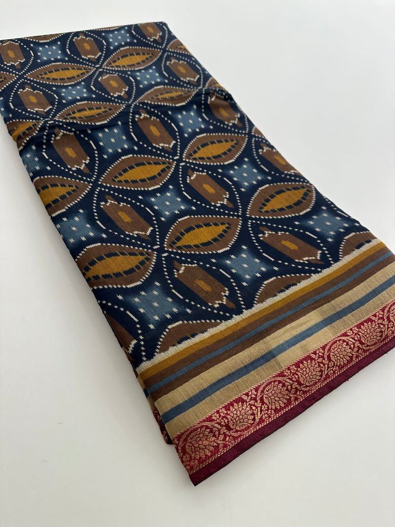 Soft Lightweight Printed Cotton Saree - Blue Mustard Yellow Print - AU27