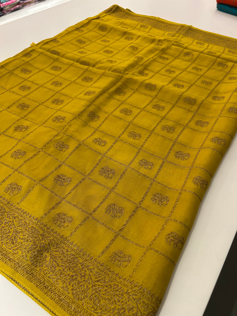 Tussar Silk Fancy Sarees,, comes in checks and elephant buttas all over 🌹-JU30