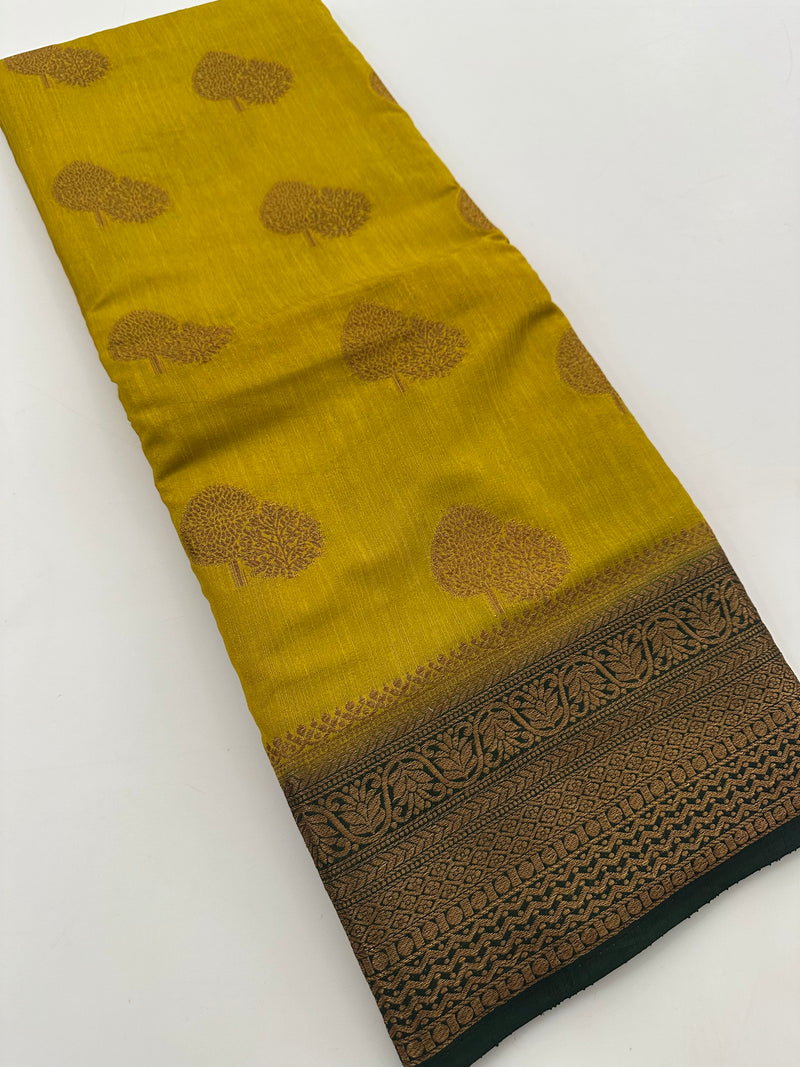 Lemon Yellow x Green Tussar Cotton Saree with Double Leaf Butta All Over JU24