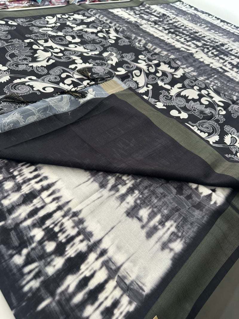 Black and White Tussar Printed Saree- JU28