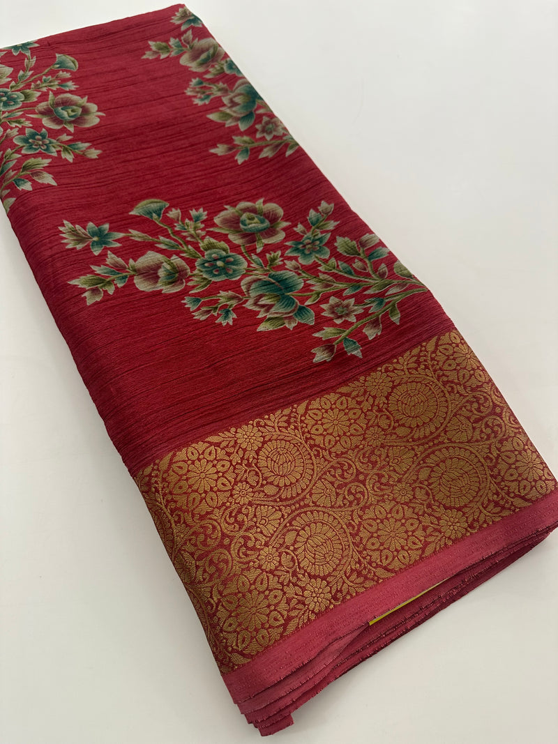 Crush Crape Chiffon Printed Sarees With self Butti Printed Blouse Piece🌹- J29