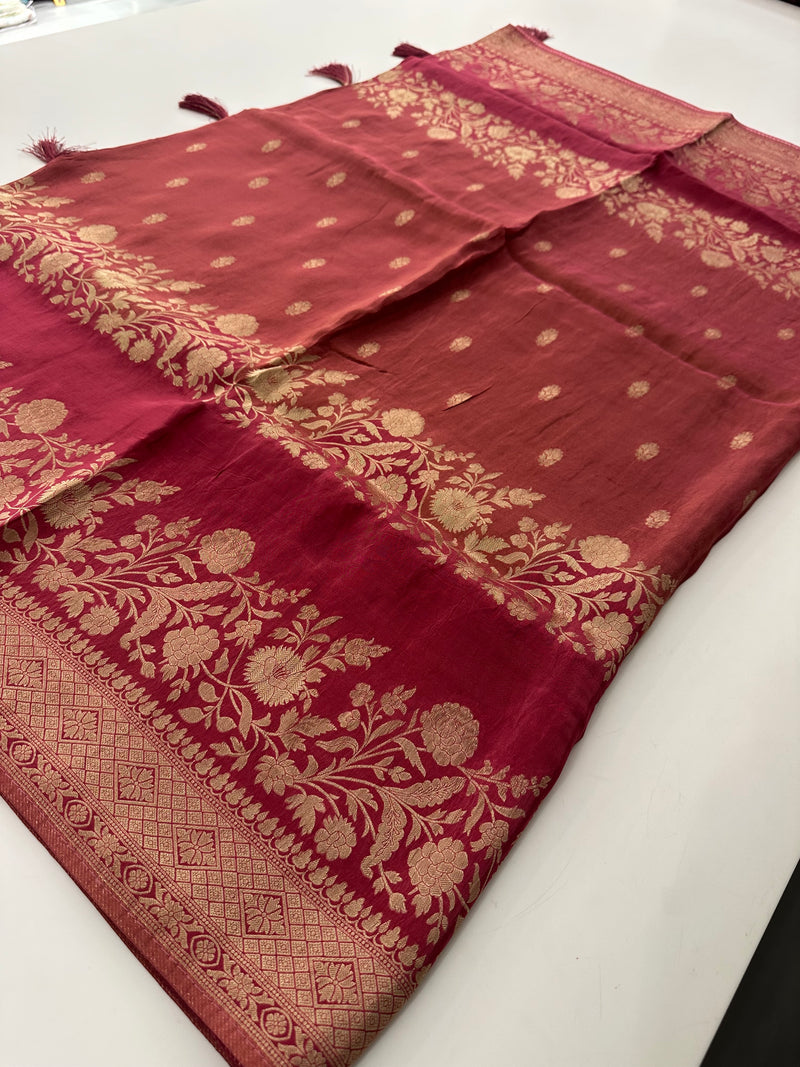 Peach Designer Chinnon Silk Saree – Floral Design AU24