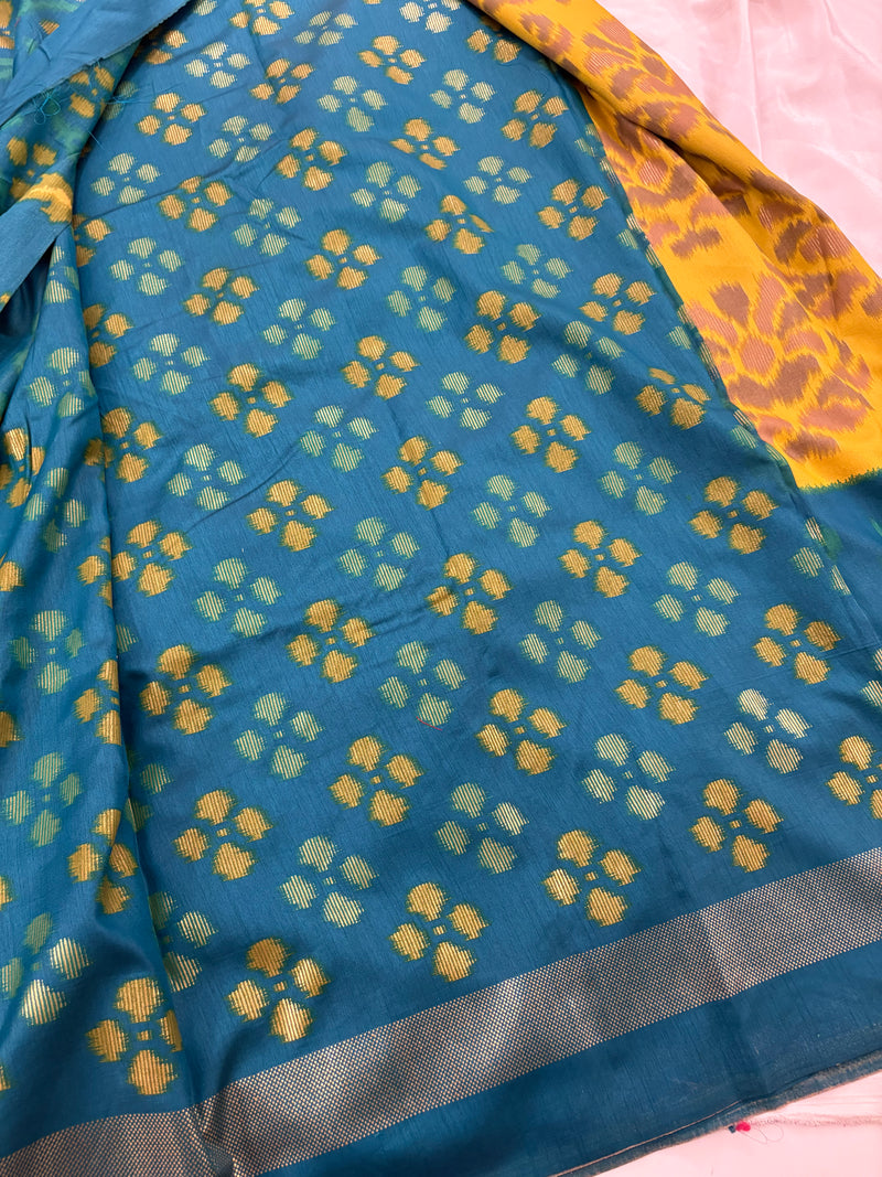 Yellow Blue Soft Pochampally Printed Saree SALE