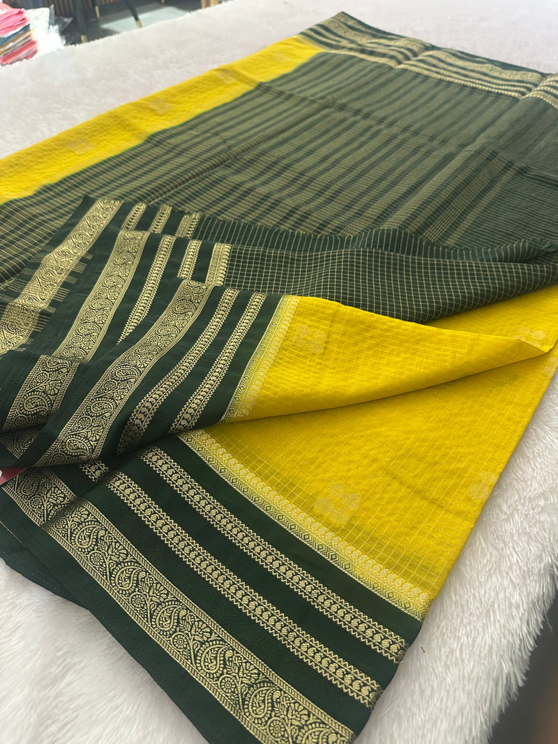 Semi Crepe Checks Saree - Yellow x Bottle Green AU25