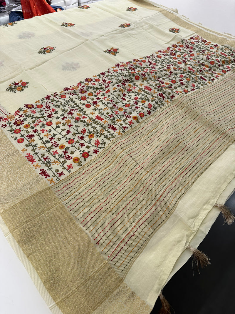 Pure Tussar Silk With Katha Work and Embroidery Buttas in Premium Finishing🦋 🌹-JU16