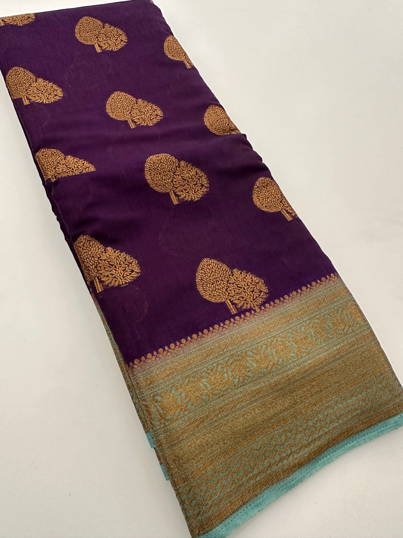 Purple x Pastel Blue Tussar Cotton Saree with Double Leaf Butta All Over JU24