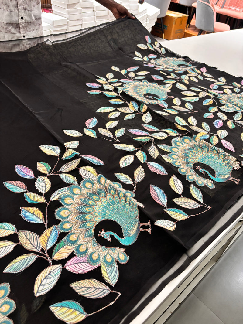 Black Patch Work Netted Kora Fabric Designer Saree
