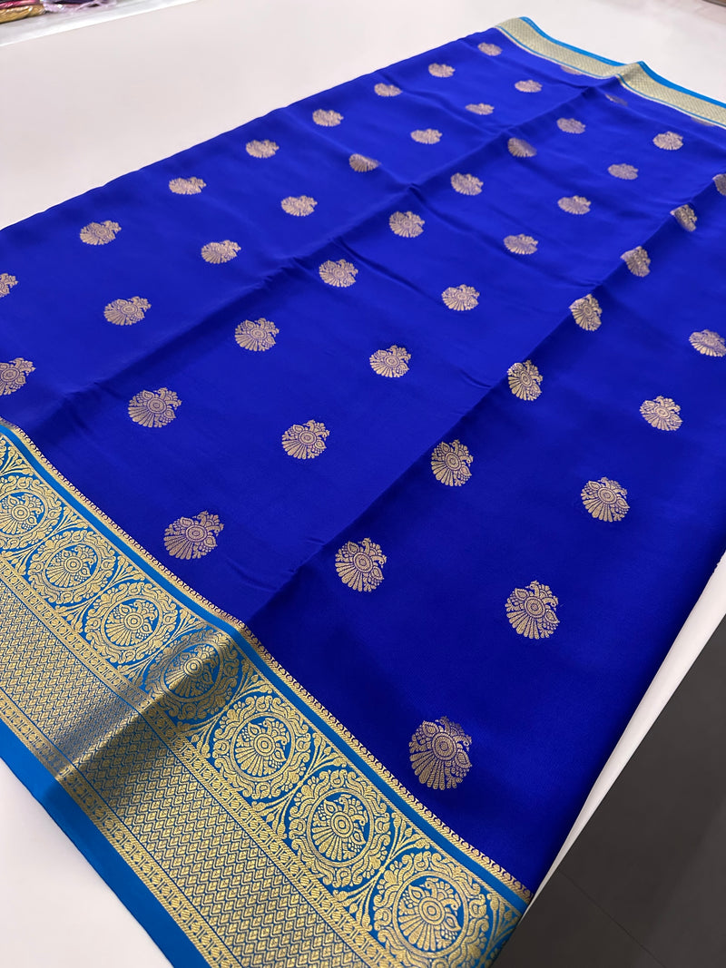 Royal Blue Garuda Pattern Pure Mysore Silk Saree - AU10