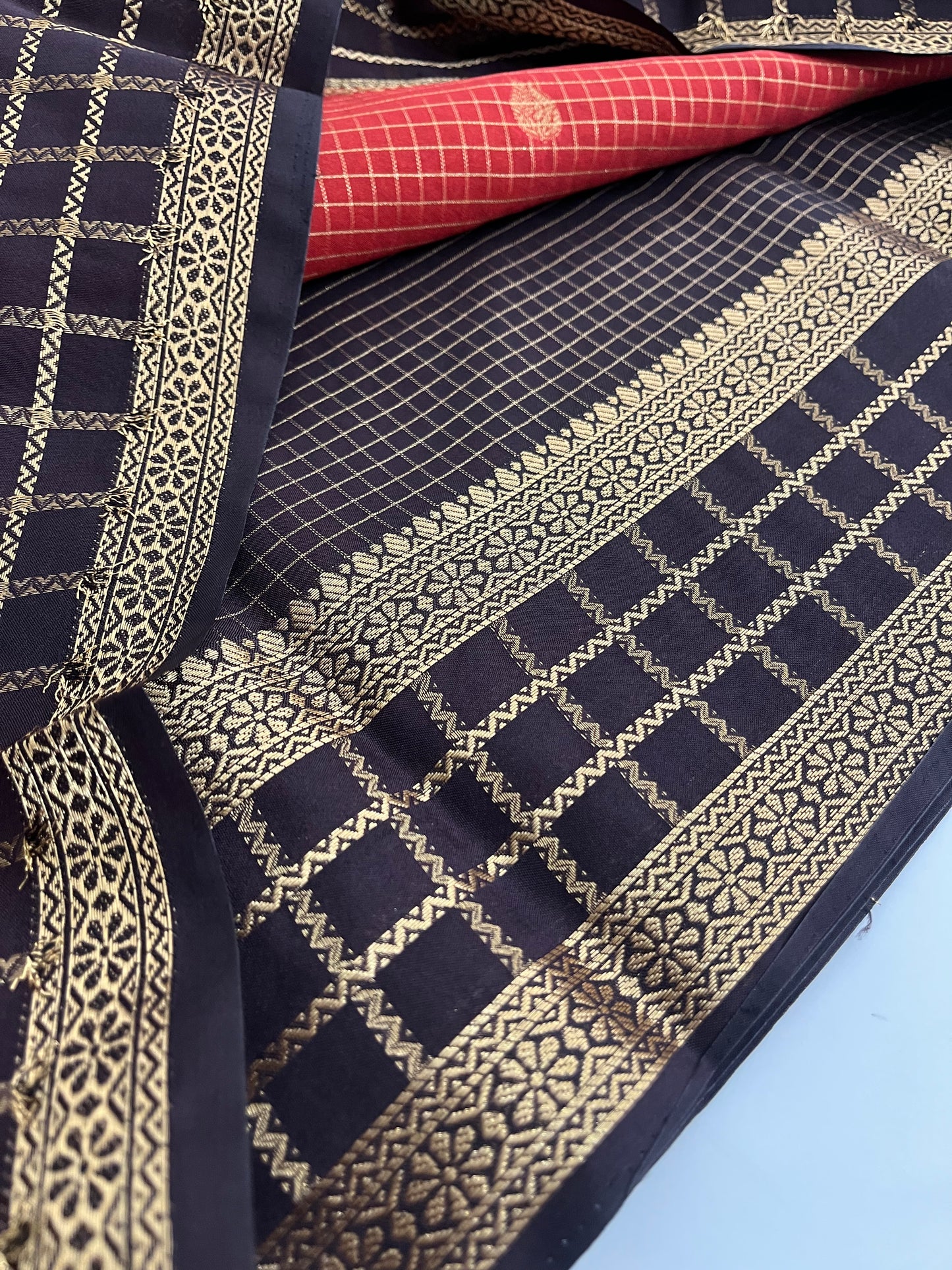 Rust orange with deep wine checks Banarasi Chinnon silk