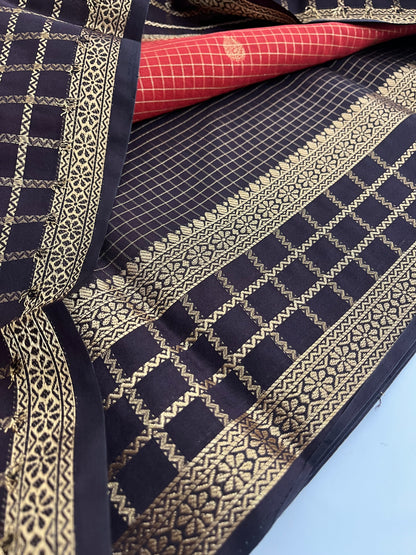 Rust orange with deep wine checks Banarasi Chinnon silk