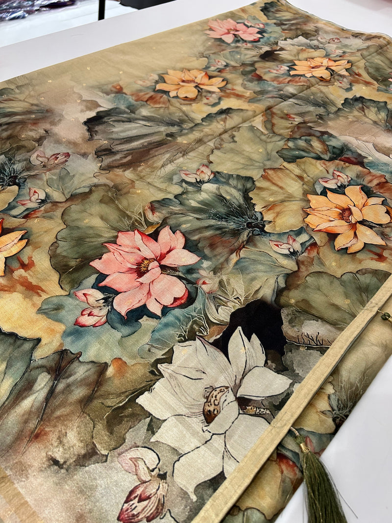 Digital floral Printed Tussar Saree,, contrast butti blouses🌹  1700/- AU12