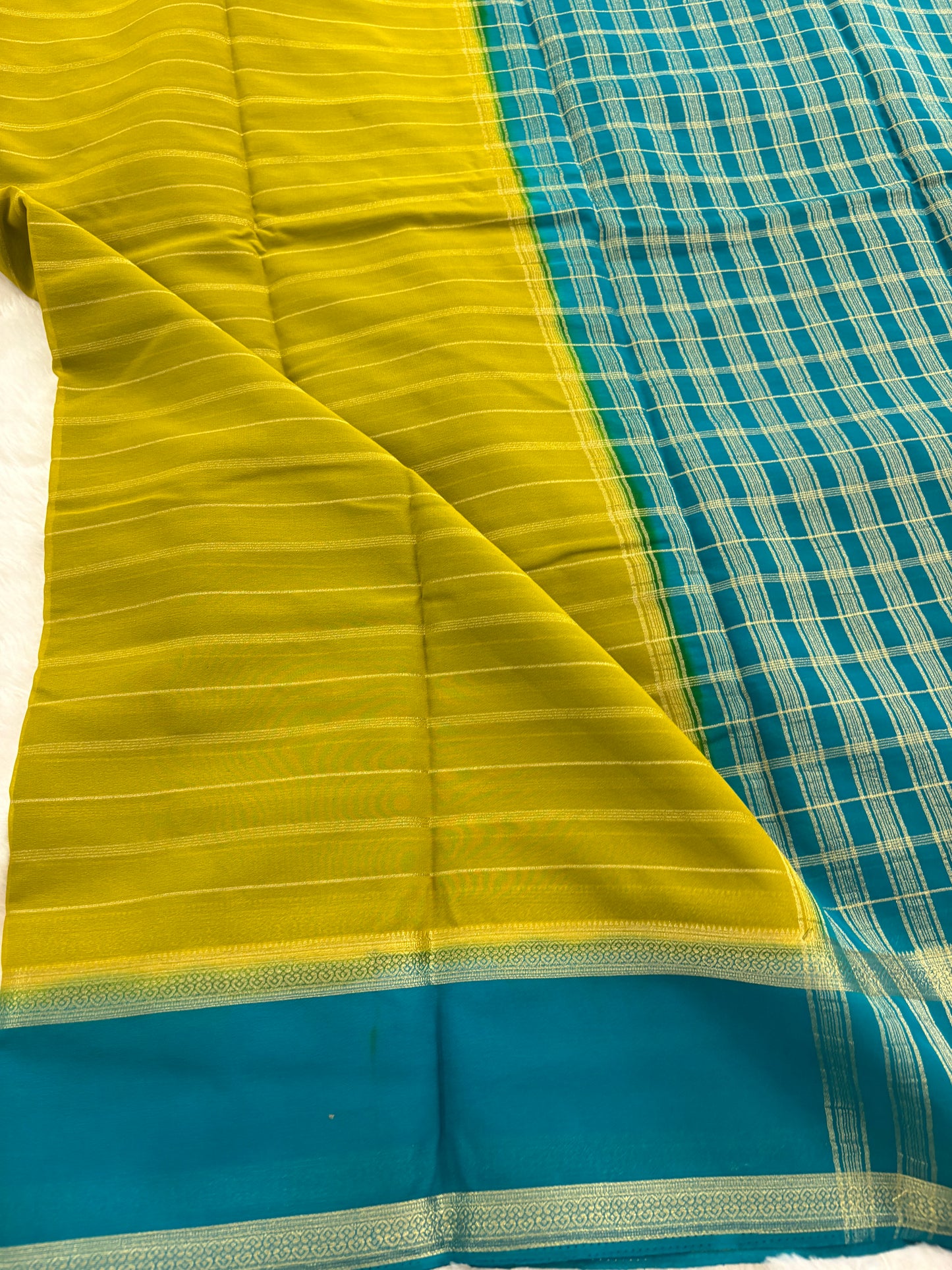 Yellow X Blue Striped Soft Semi Mysore Silk Saree-J116