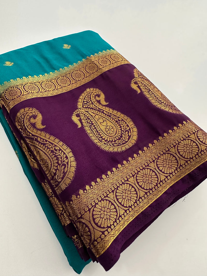 Vintage Semi Crepe Silk Saree with contrast butti blouse and mango border-Au15