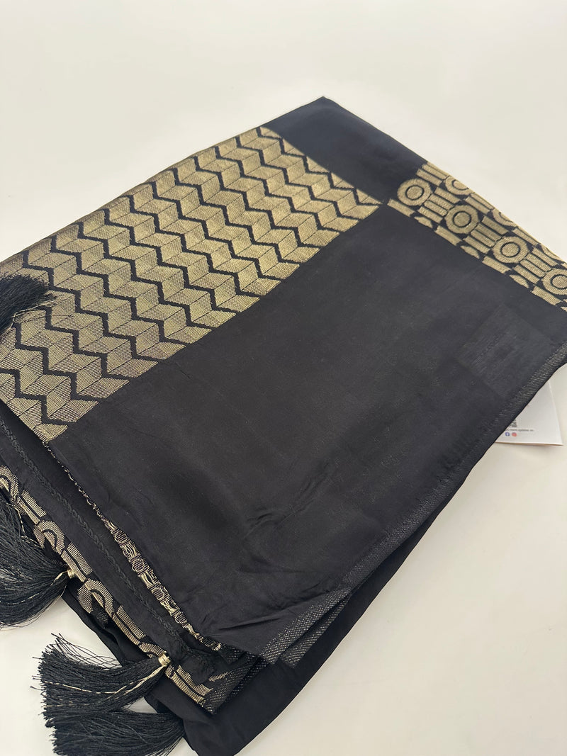 Black Designer Chinnon Silk Saree – Abstract Box Pattern AU24