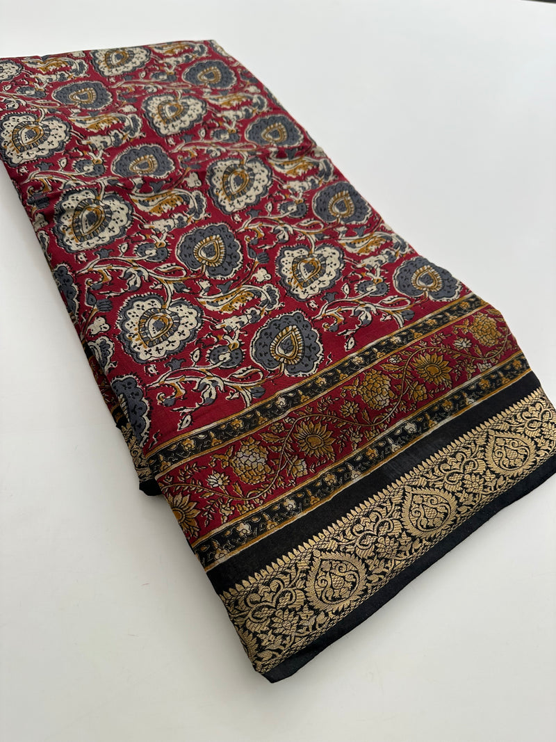 Soft Lightweight Printed Cotton Saree - Red Floral Pattern - AU27
