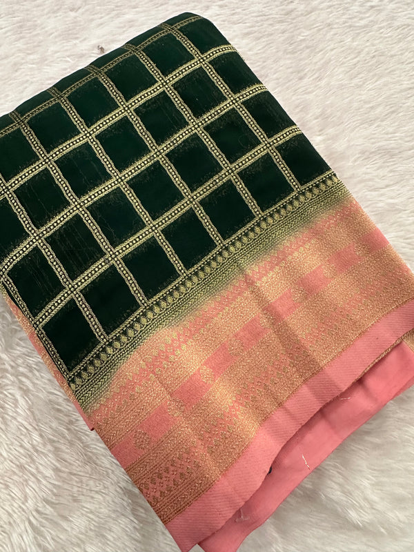 Premium Georgette Sarees In Checks Zari and Small Border with Contrast Blouse Piece 🌹-JU18