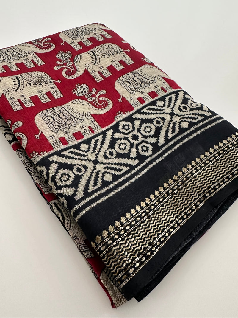 Red X Black Soft Printed Kalamkari Chanderi Saree
