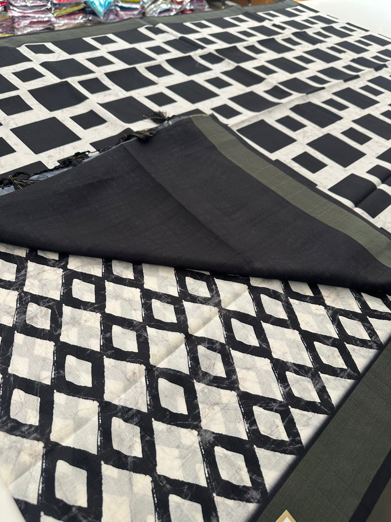 Black and White Tussar Printed Saree- JU28