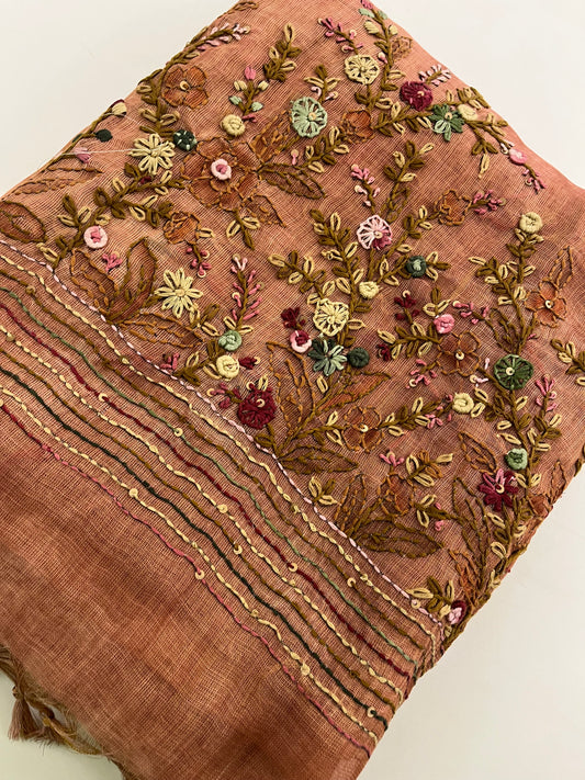 Linen Embroidery Fancy Saree
