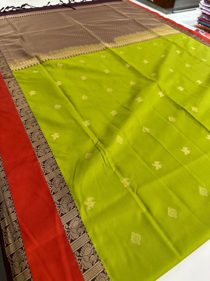 🌹4 shades of semi kanchi soft silk sarees in beautiful combinations in contrast blouse🌹