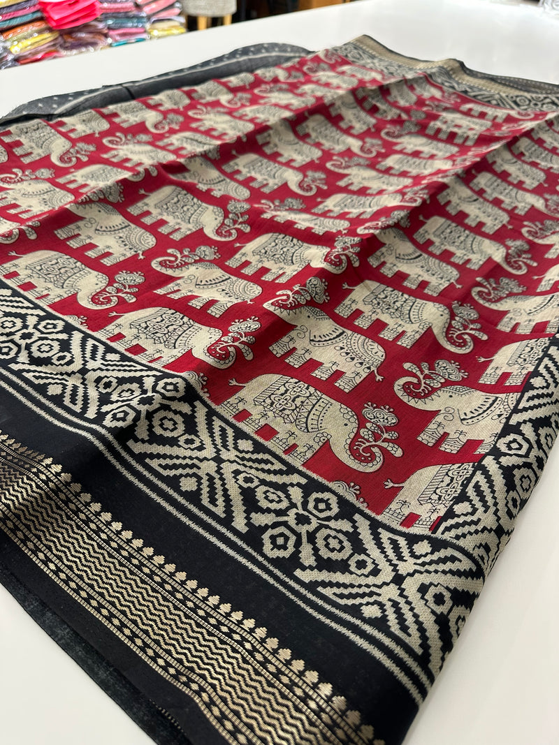 Red X Black Soft Printed Kalamkari Chanderi Saree