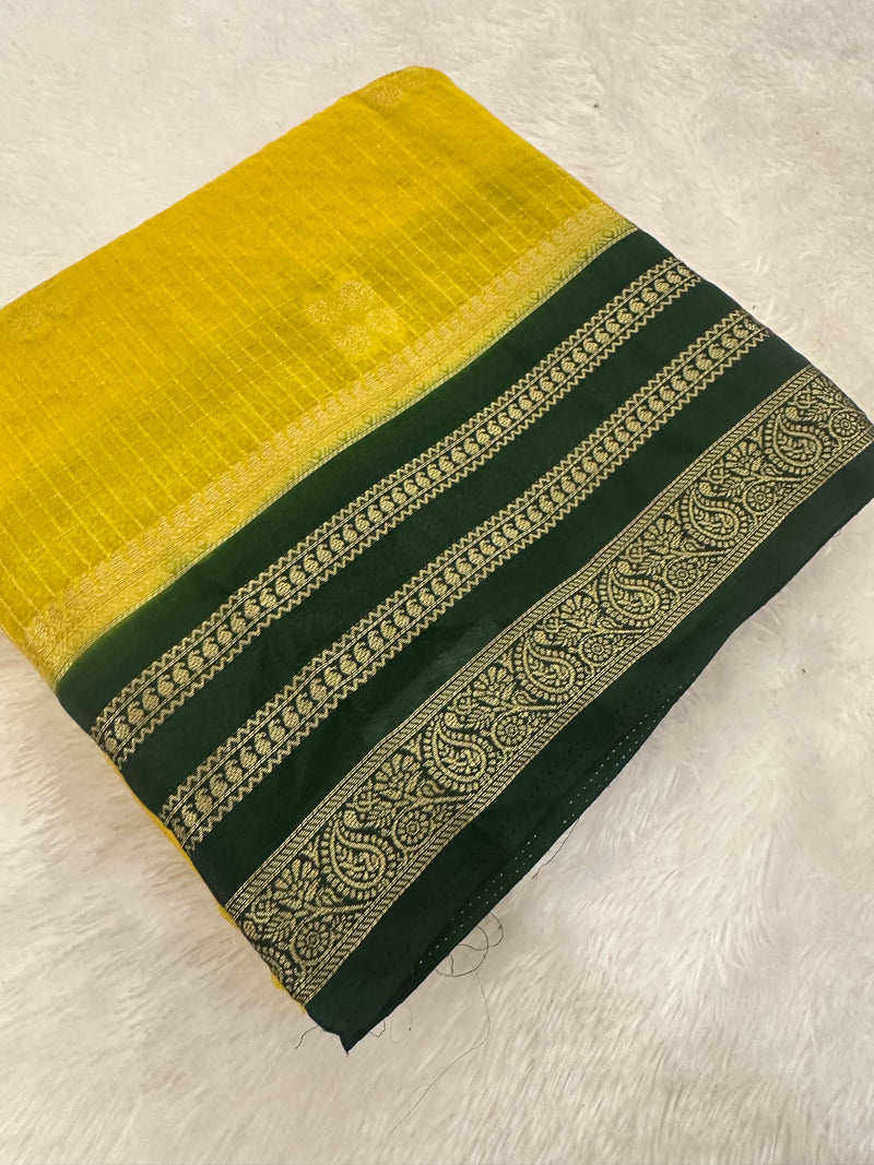 Semi Crepe Checks Saree - Yellow x Bottle Green AU25