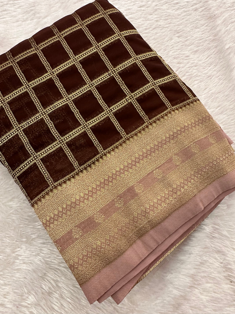 Premium Georgette Sarees In Checks Zari and Small Border with Contrast Blouse Piece 🌹-JU18
