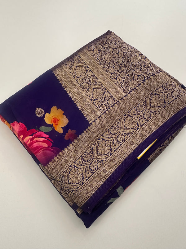 Digital Printed Premium Viscose Sarees In Big Floral Prints and Plain Self Blouse with Gold Weaving Border and and Rich Weaving Pallu🌹JU27