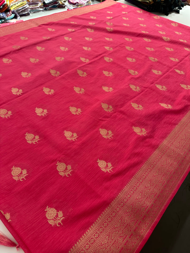 Venkatagiri fancy soft Linen Cotton sarees with self blouse and fancy Border and Butties all over🌹 - AU12