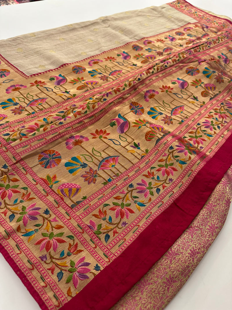 Cream x Pink Pure Tussar Paithani Designer Saree - AU12