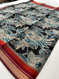 Soft Lightweight Printed Cotton Saree - Black Floral Design - AU27