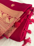 Rani pink crepe banaras saree with peacock buttas and big rich border,, comes with fancy self blouse,, beautiful feel fall fabric🌹 🌹-AU3