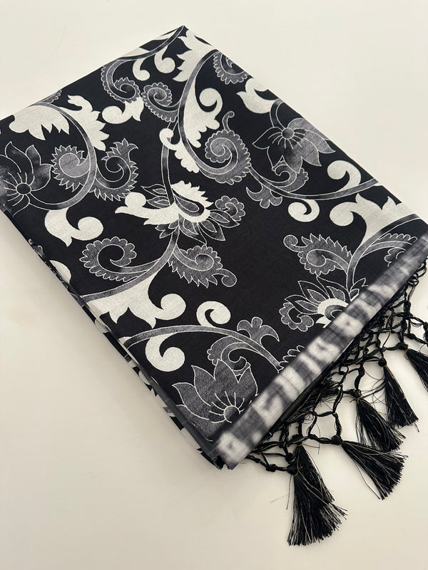Black and White Tussar Printed Saree- JU28