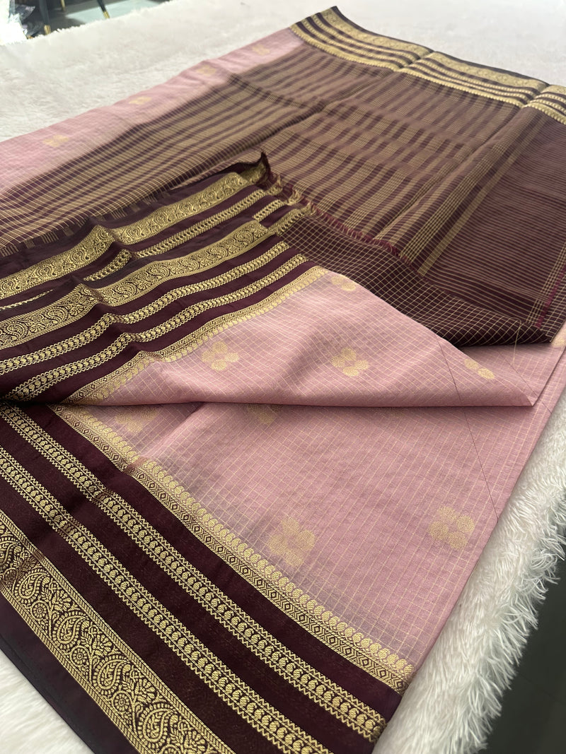 Semi Crepe Checks Saree - Pastel Pink x Wine AU25