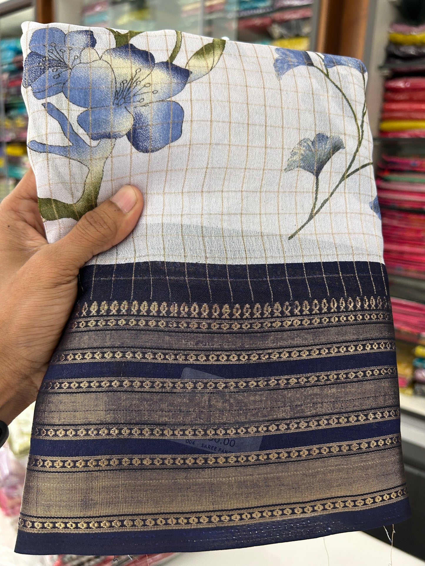 White navy floral chiffon saree-151