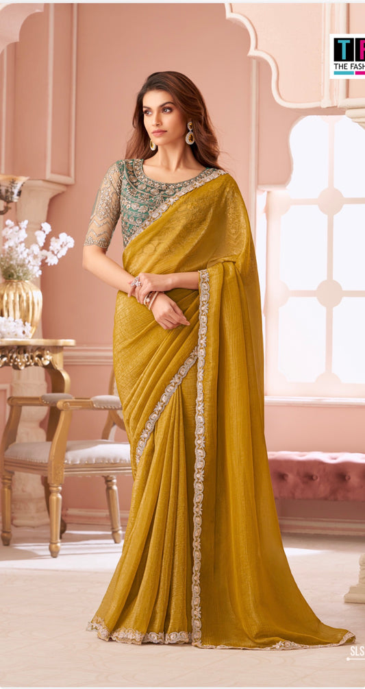 Designer Mustard X Teal Georgette Saree