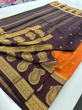 Vintage Semi Crepe Silk Saree with contrast butti blouse and mango border-Au15