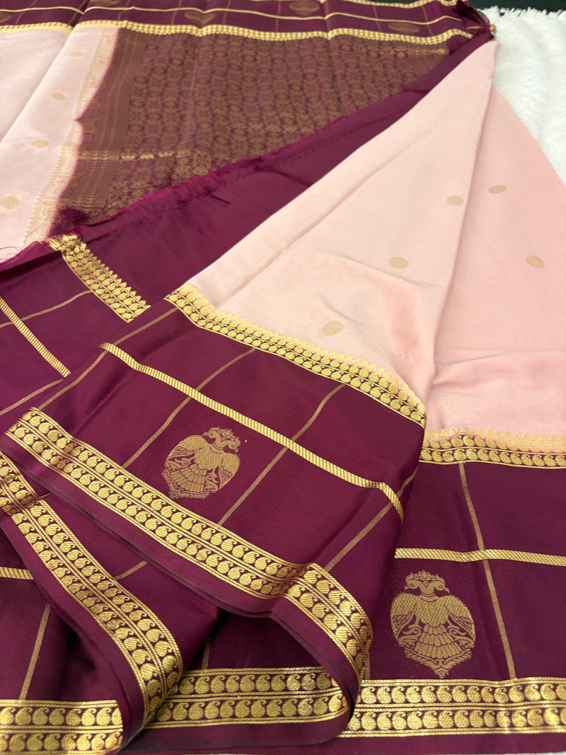 Semi Crepe Silk Saree - Light Pink x Brown (J29)