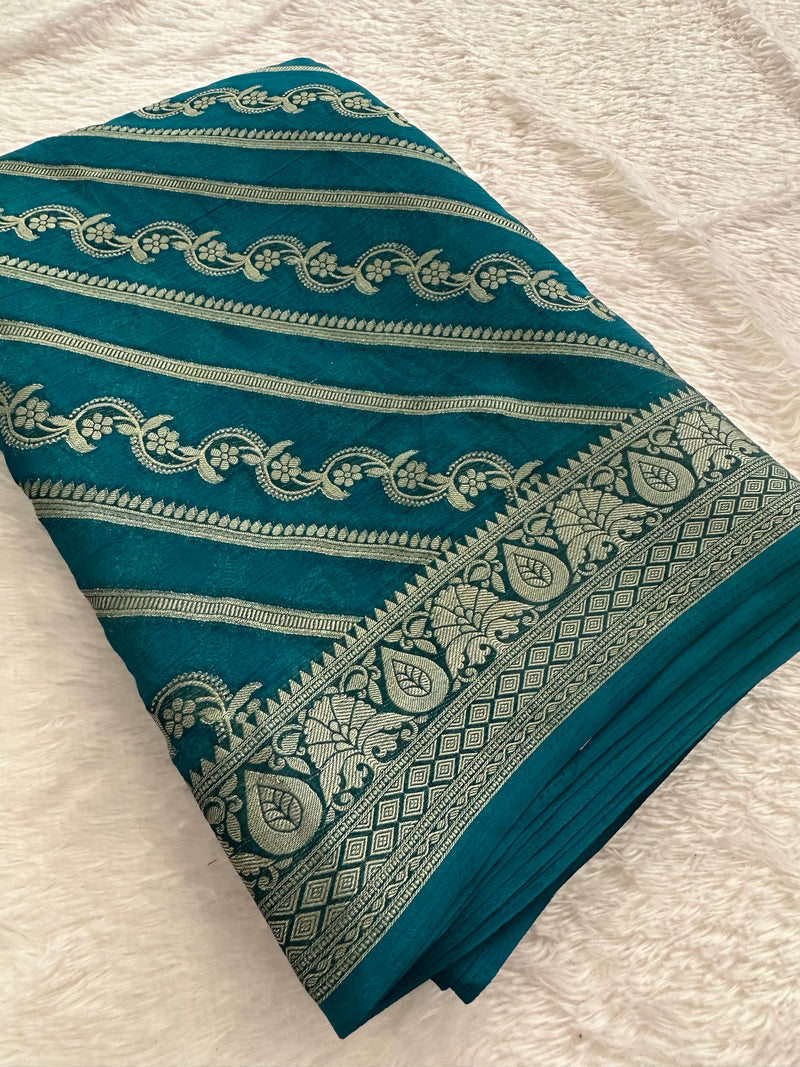Premium Laser Chiffon Saree – Peacock Blue AU26
