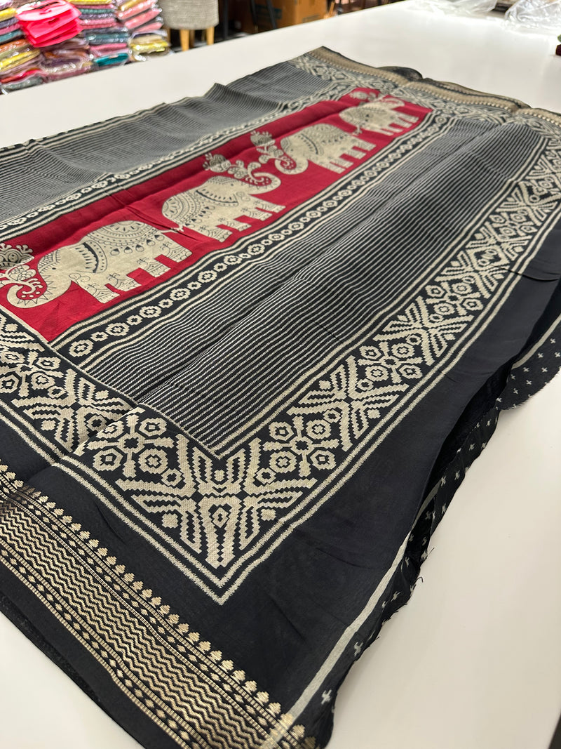 Red X Black Soft Printed Kalamkari Chanderi Saree