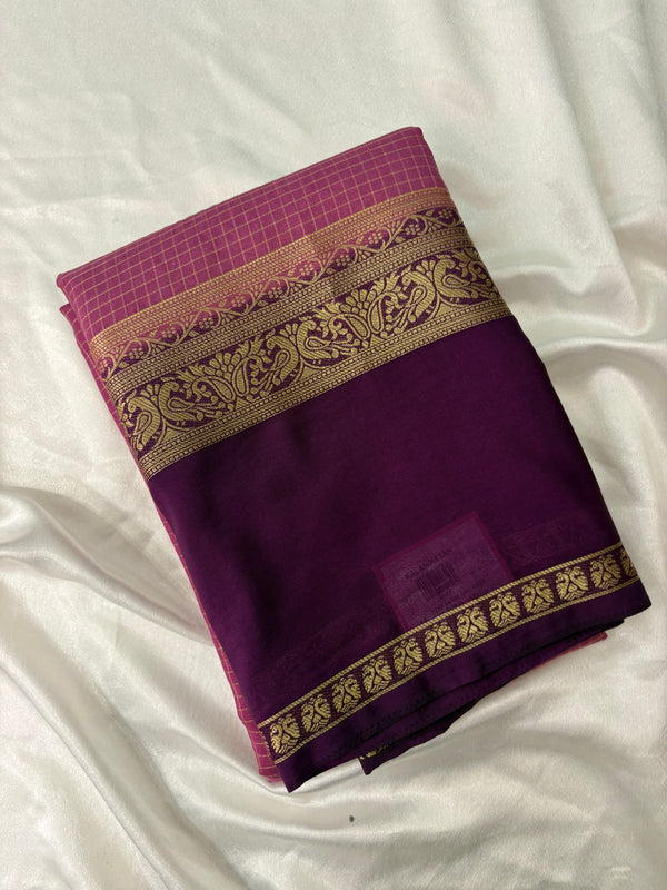 JU22 Magenta Pink Checks Crepe Saree with Purple Contrast Border Blouse