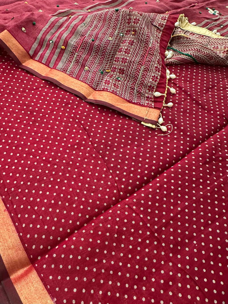 Premium Designer Chanderi Mul Fabric With Designer Border and Weaving Pallu with Tassels❤️❤️-JU3
