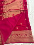 Rani pink crepe banaras saree with peacock buttas and big rich border,, comes with fancy self blouse,, beautiful feel fall fabric🌹 🌹-AU3