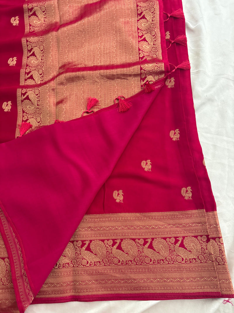 Rani pink crepe banaras saree with peacock buttas and big rich border,, comes with fancy self blouse,, beautiful feel fall fabric🌹 🌹-AU3