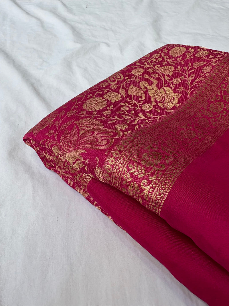 Rani Pink Premium Mysore Silk Saree with Kalamkari Floral Brocade AU10