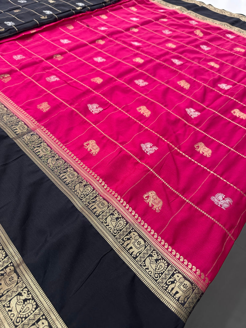 Premium Semi Mysore Silk sarees with silver and gold weavings and contrast blouse piece🌹-AU9