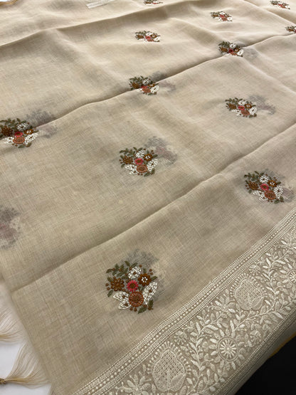 Linen embroidery fancy saree