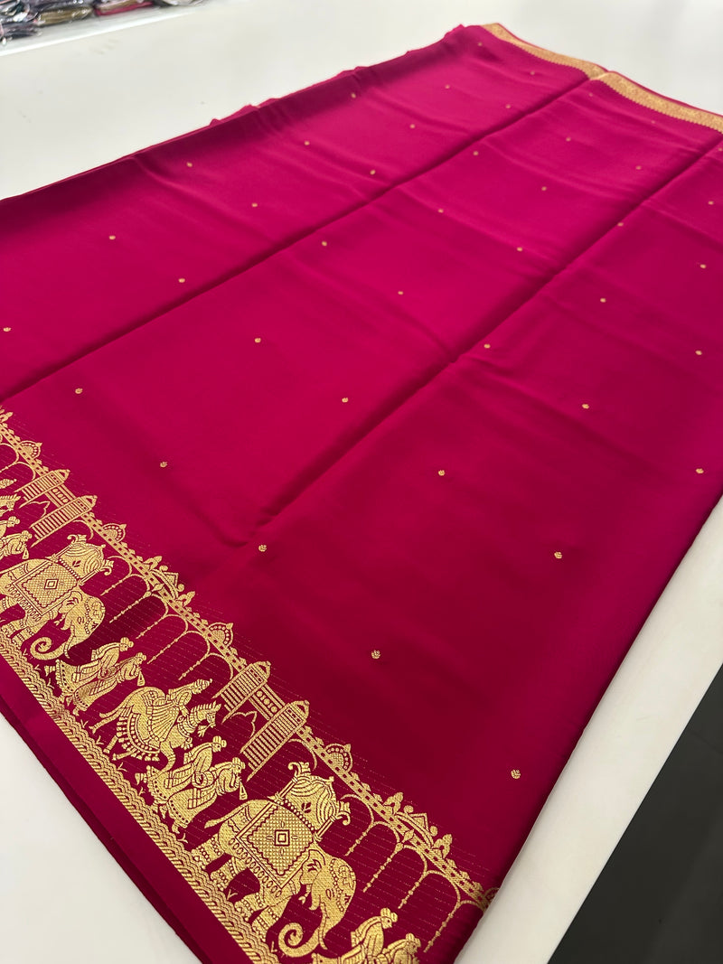 PURE 120GSM MYSORE CRAPE SILK SAREE IN PINK COMBINATION WITH GOLD ZARI BUTTIES AND FRESH NEW BORDER- JU2