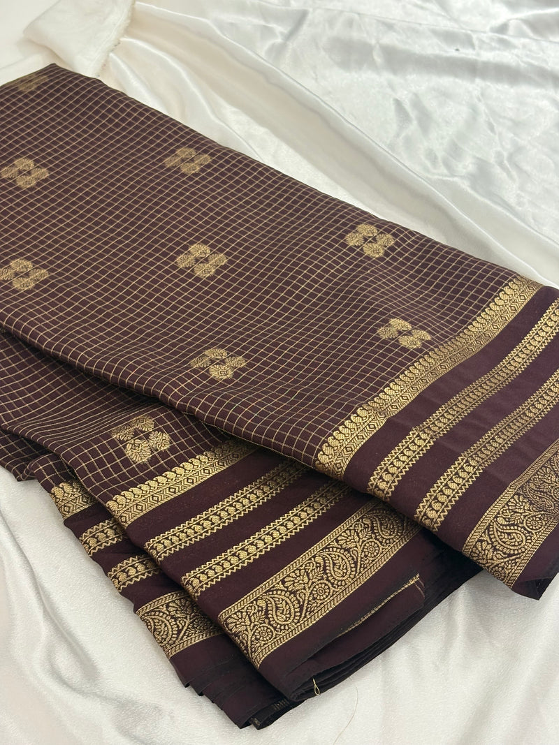Brown Semi Mysore Silk Checks Saree with Butta - AU13