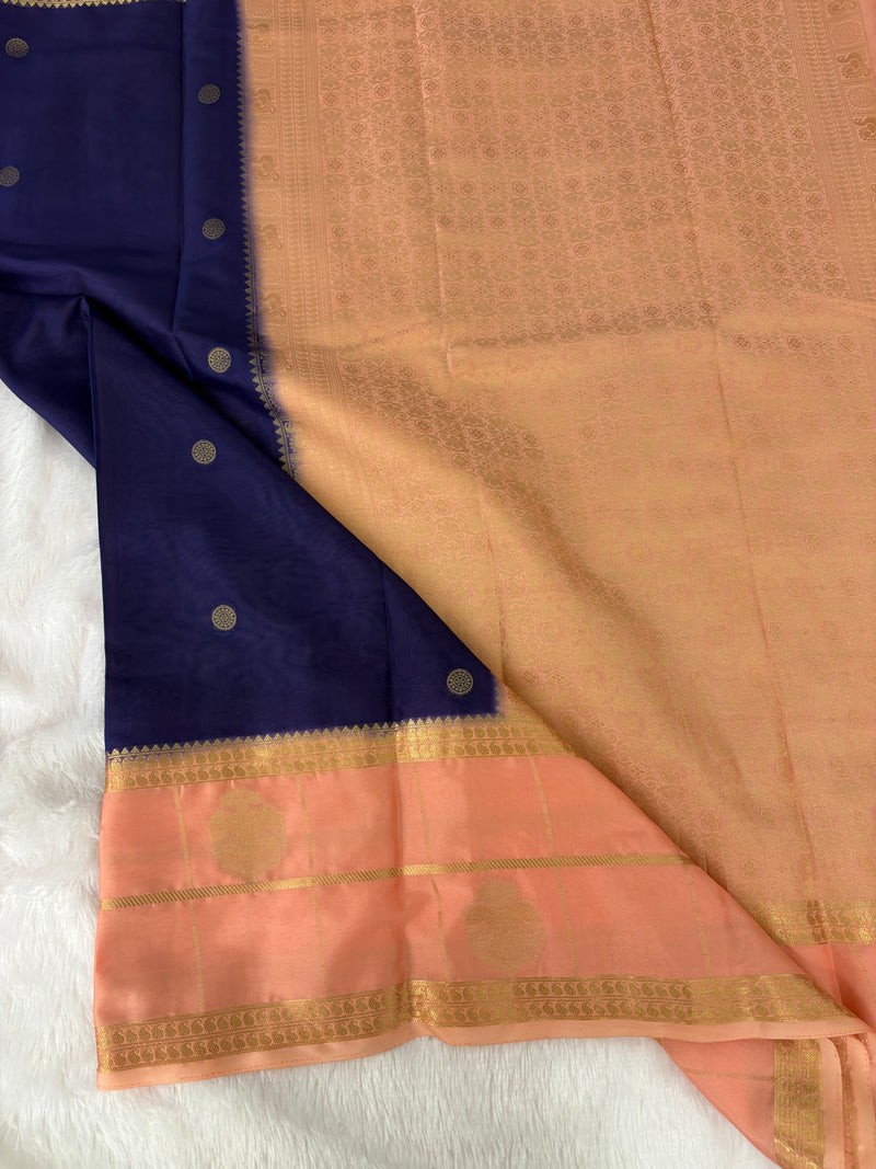 Semi Crepe Silk Saree - Dark Blue x Peach (J29)